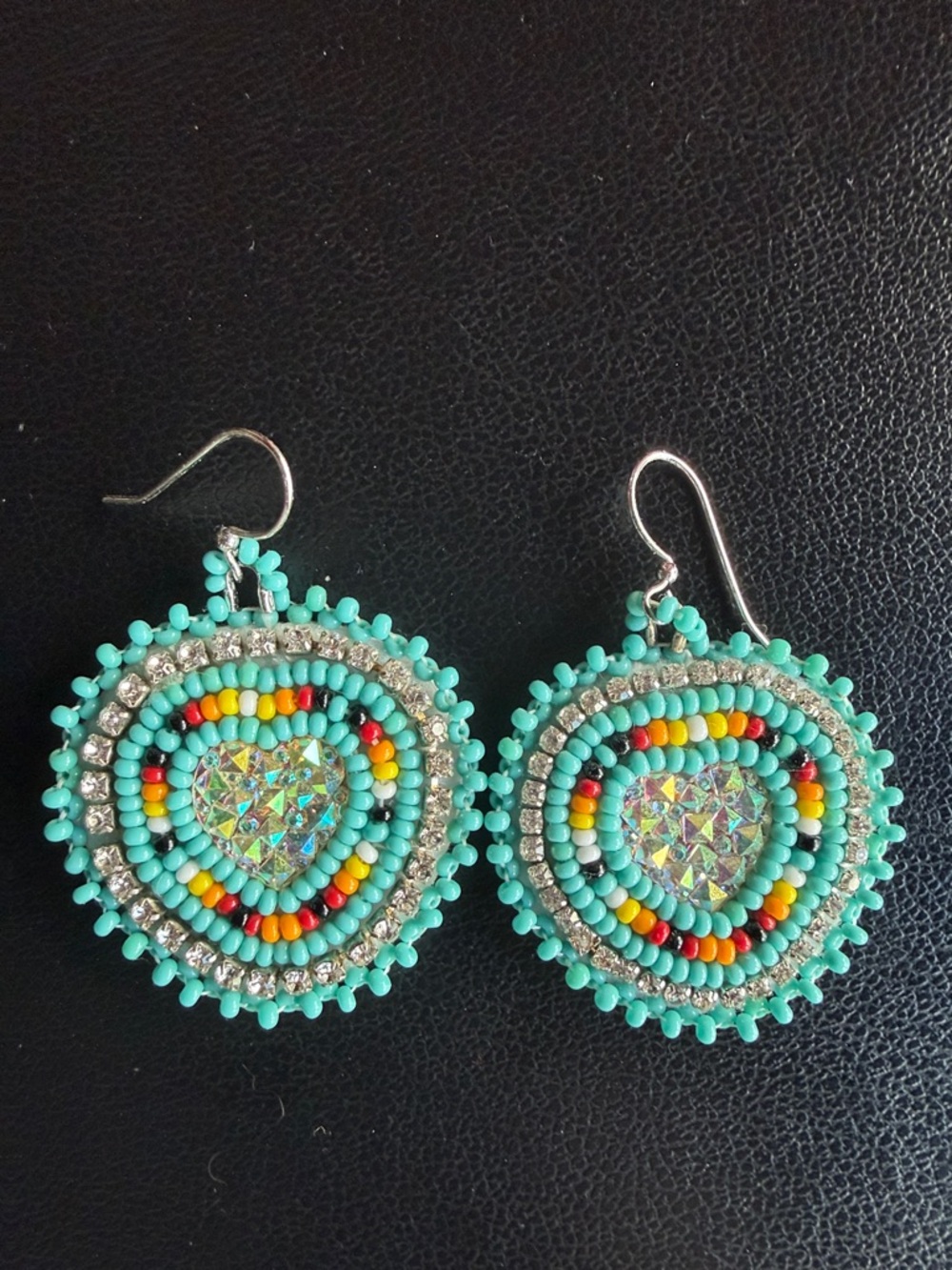 Turquoise Beaded Heart Drop Earrings - Unbranded